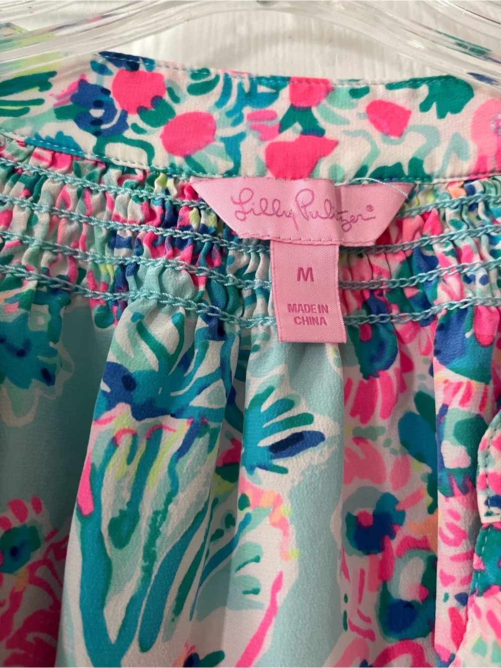 Lilly Pulitzer Pink & Aqua Floral Smocked Neck Blouse - Picture 8 of 11